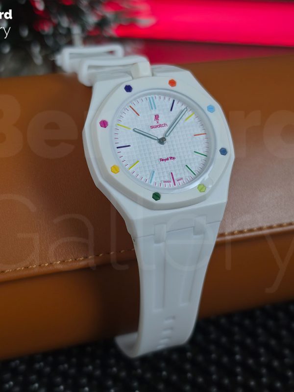 ساعت مچی اودمارپیگه سواچ رویال پاپ Audemars Piguet x Swatch | Royal Pop HUIT BLANC به همراه بند مچی